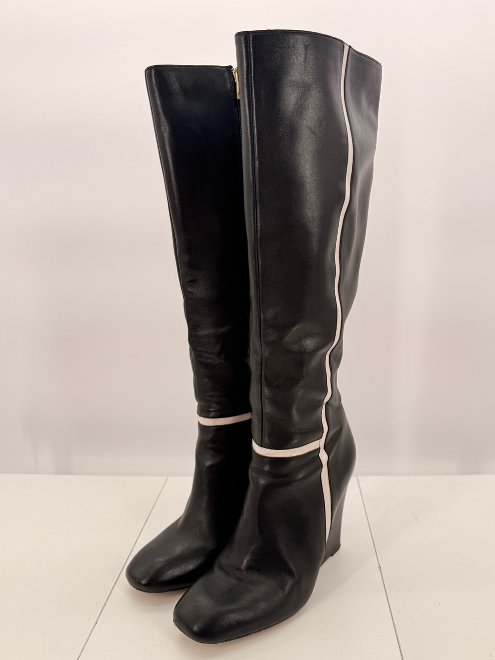 CALVIN KLEIN Paloma Black White Leather Knee High Wedge Boots 8.5